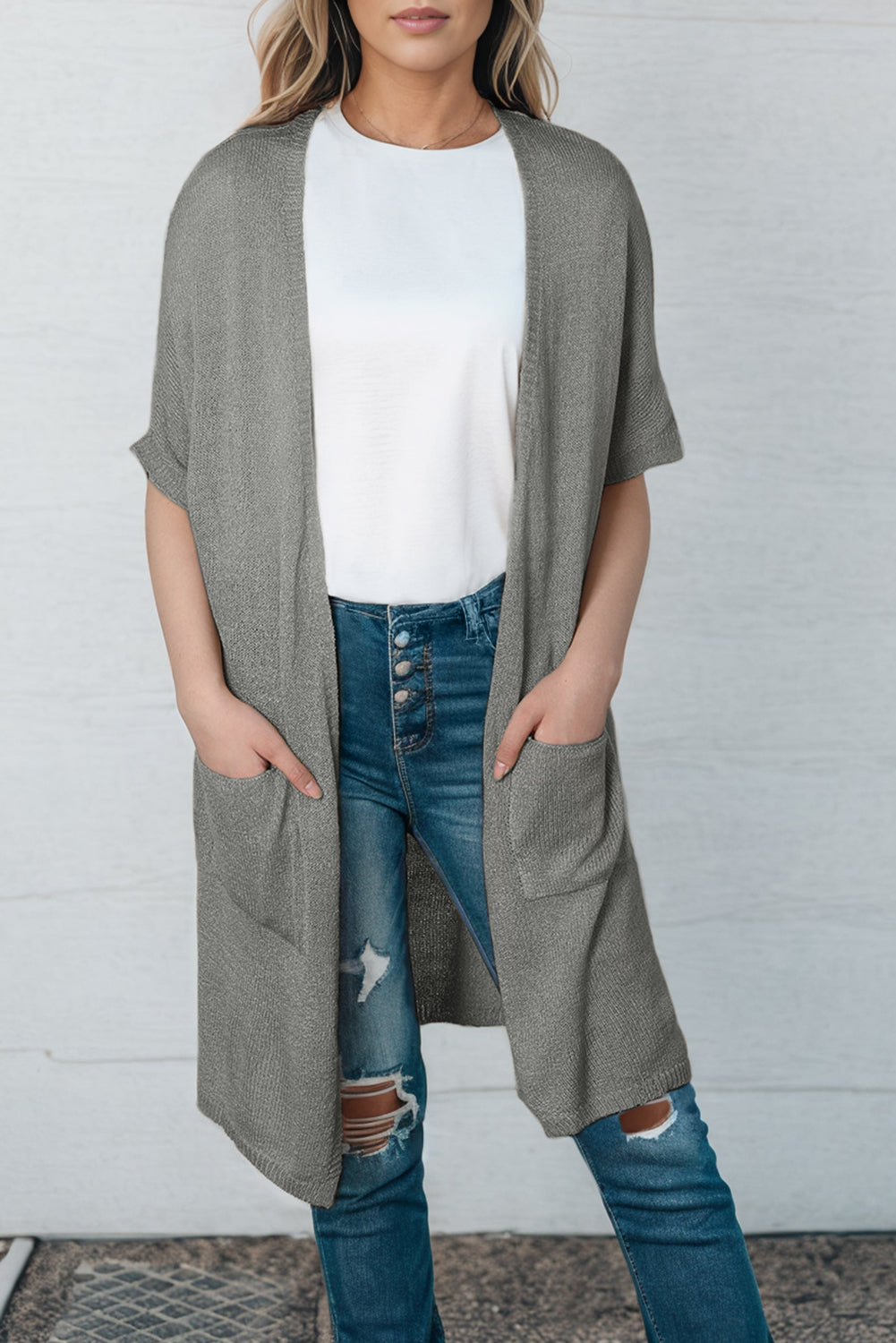 Gray Open Front Sweater Cardigan with Pockets