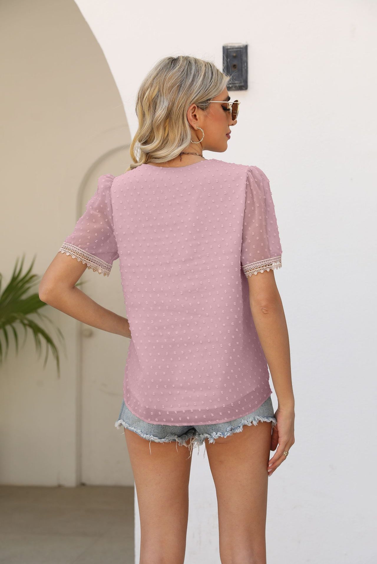 Gray Contrast V-Neck Swiss Dot Top Clothing