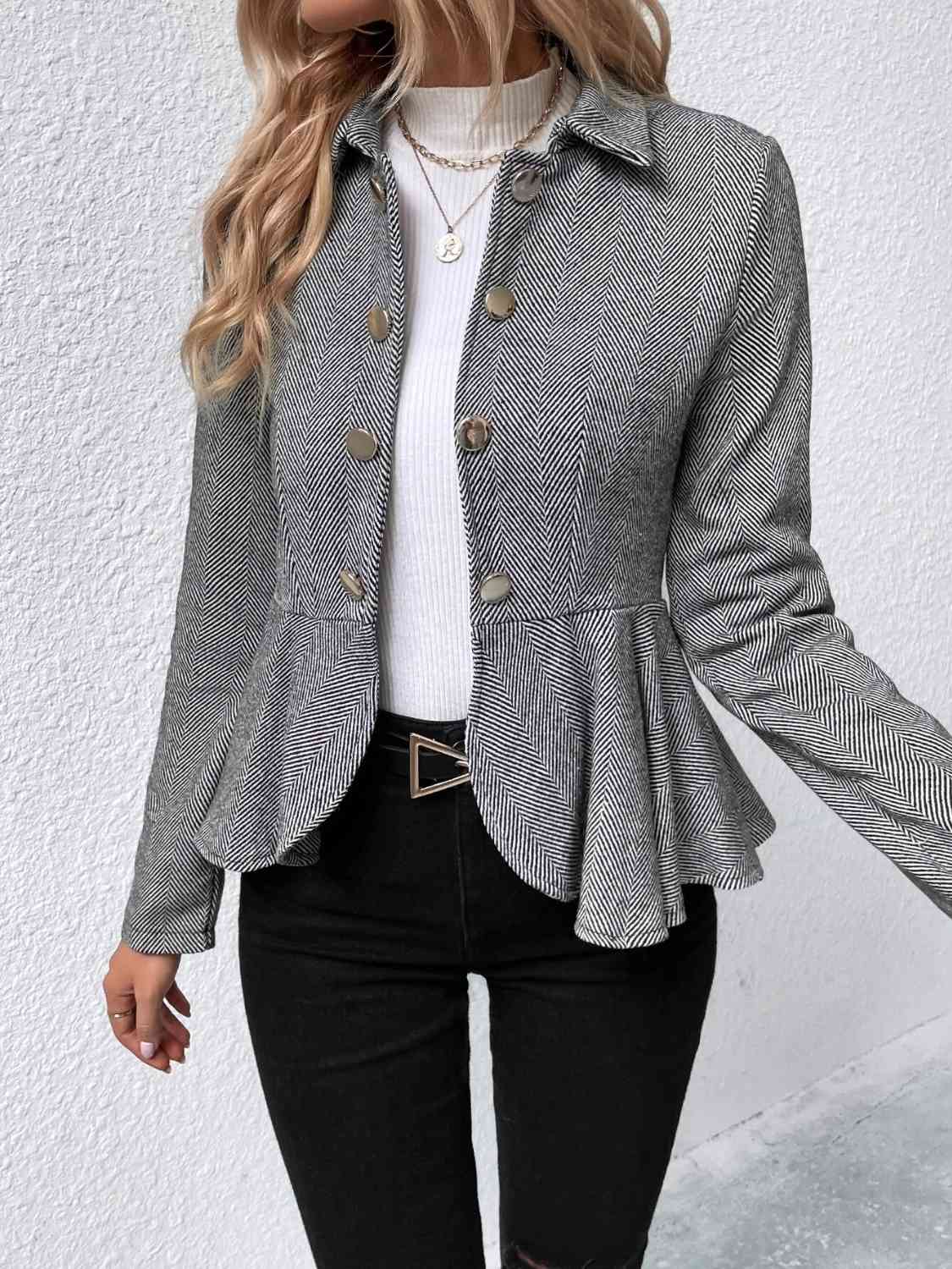 Black Ruffle Hem Collared Blazer Clothes