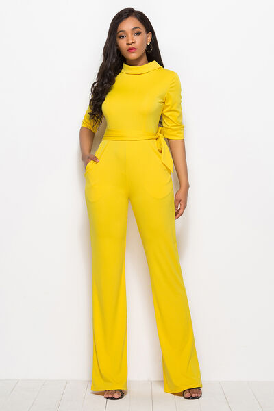 White Smoke Mock Neck Tie-Waist Half Sleeve Jumpsuit Clothes