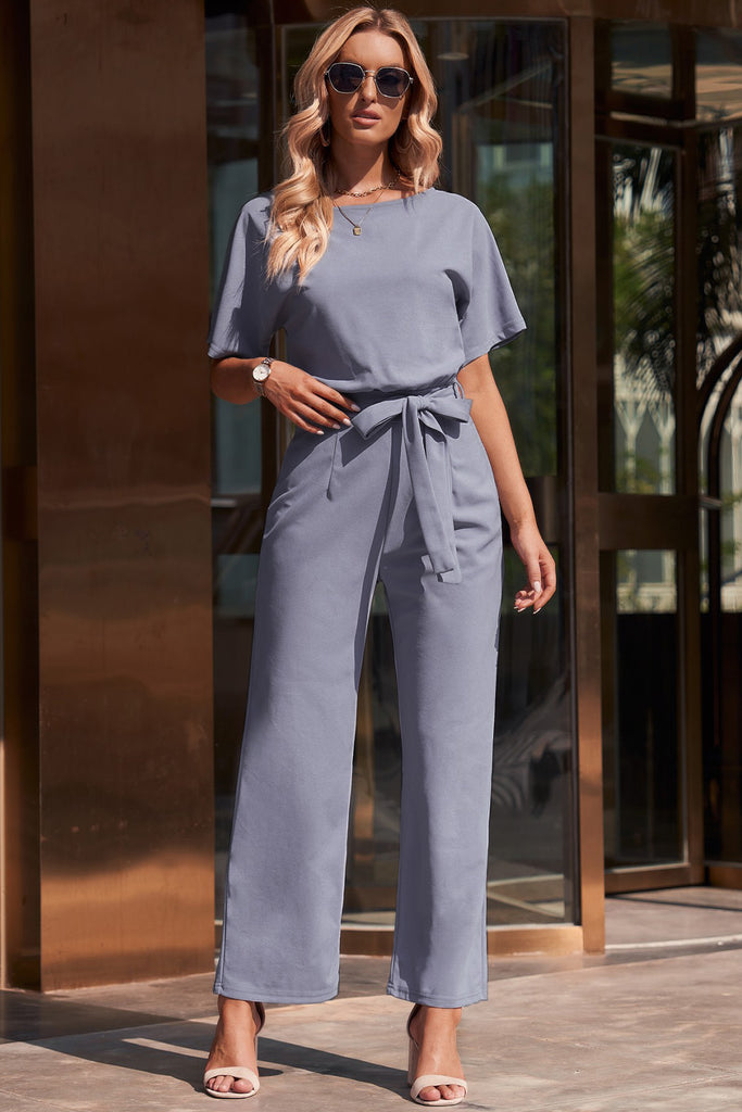 Dark Slate Gray Full Size Tie Waist Straight Leg Jumpsuit Plus Size Clothes