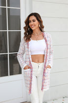 Light Gray Plaid Fringe Trim Open Front Longline Cardigan Clothing