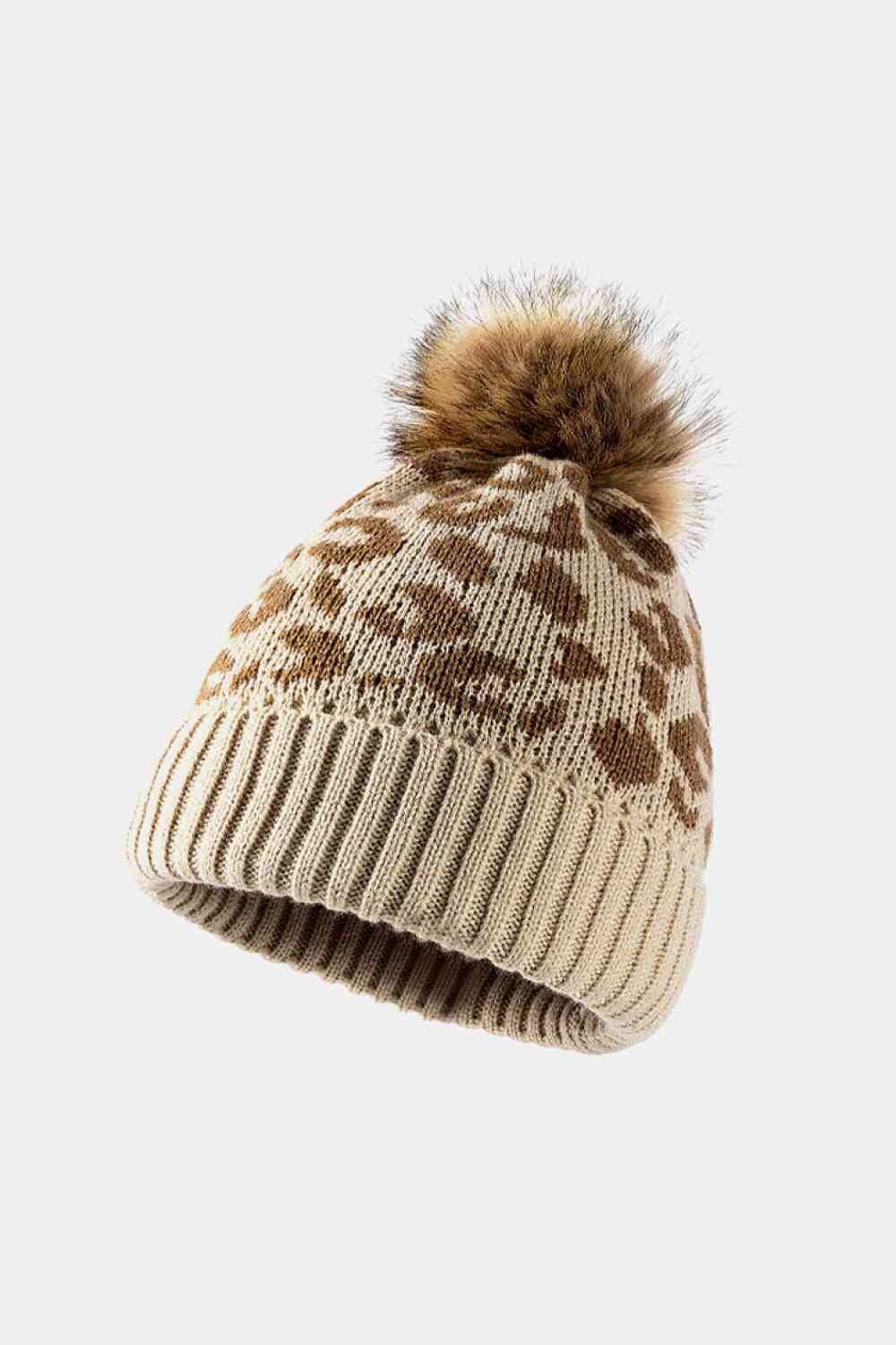Beige Leopard Pom-Pom Cuffed Beanie Winter Accessories