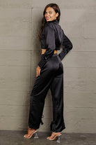 Slate Gray Long Sleeve Cropped Blouse and Tie Detail Long Pants Set Clothing