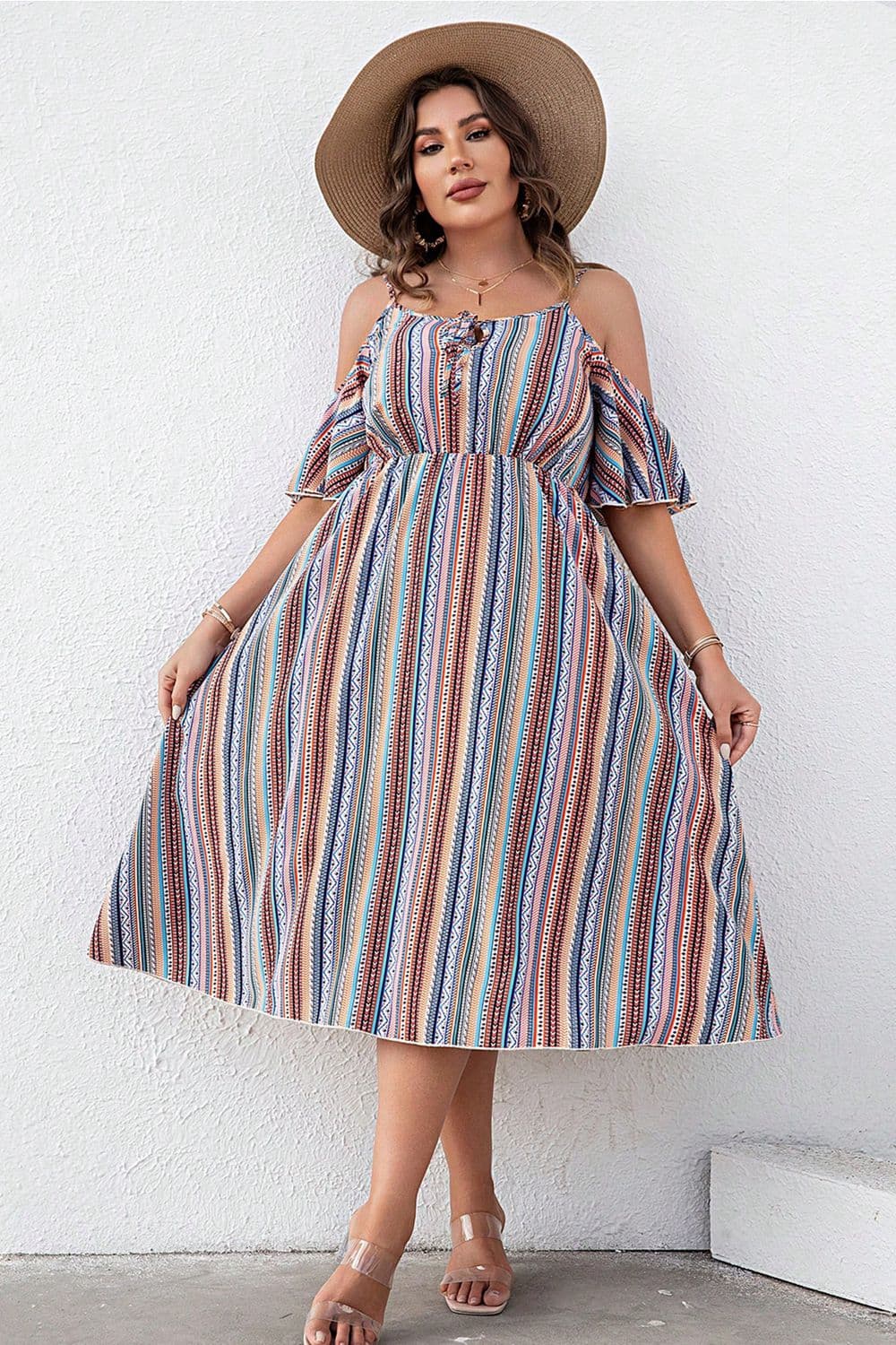 Light Gray Plus Size Striped Cold-Shoulder Dress Clothing