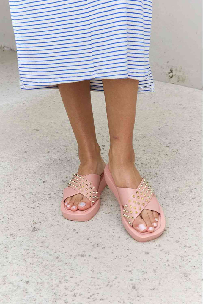 Gray Forever Link Studded Cross Strap Sandals in Blush Shoes