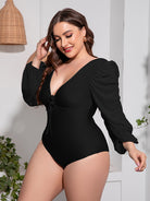 Gray Plus Size Tied Deep V Balloon Sleeve One-Piece Swimsuit Plus Size Clothes