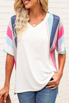 Antique White Looking At You Rainbow Stripe Slit V-Neck Tee Tops