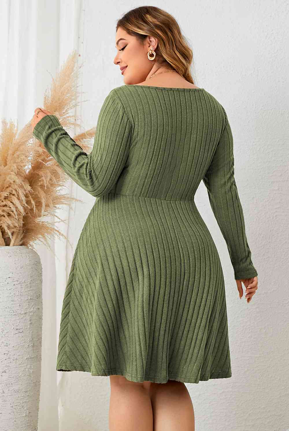 Gray Plus Size Sweetheart Neck Long Sleeve Ribbed Dress Plus Size Clothes