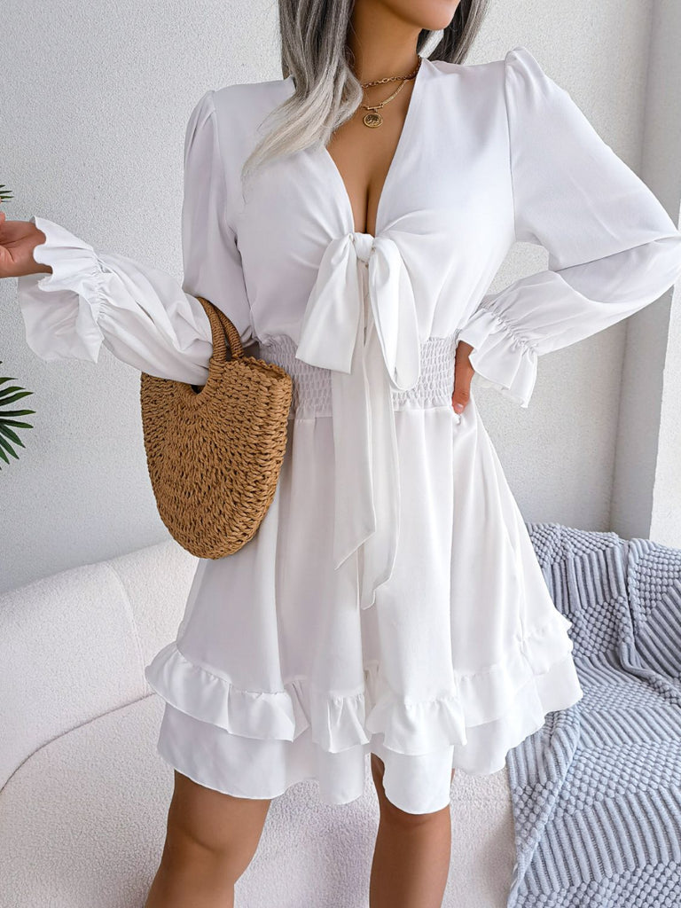 Gray Make You Happy Tie Front Smocked Waist Flounce Sleeve Dress Casual Dresses