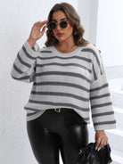 Dark Slate Gray Plus Size Striped Dropped Shoulder Sweater Clothing