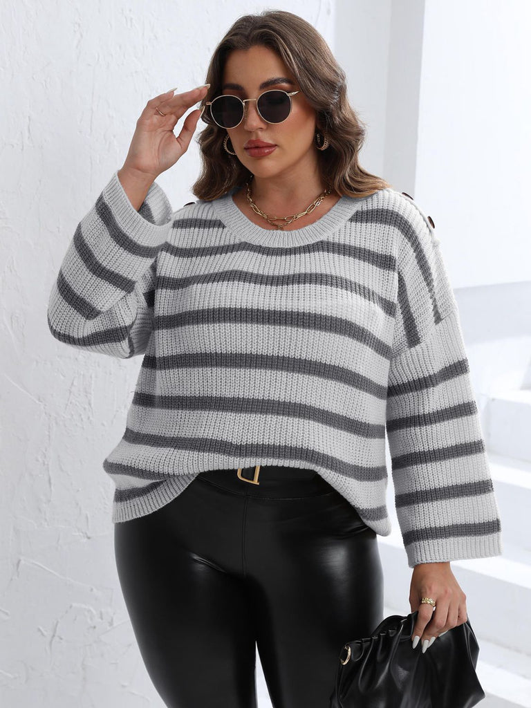 Dark Slate Gray Plus Size Striped Dropped Shoulder Sweater Clothing