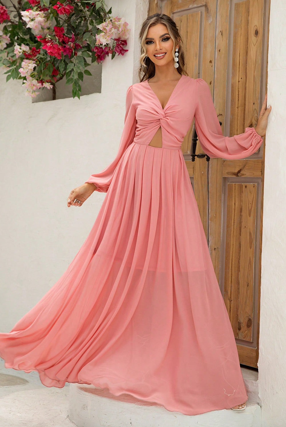 Rosy Brown Twist Front Cutout Long Sleeve Dress Formalwear