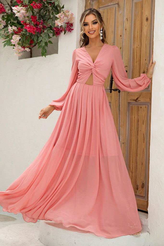 Rosy Brown Twist Front Cutout Long Sleeve Dress Formalwear