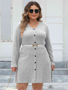 Gray Plus Size Ribbed Buttoned V-Neck Long Sleeve Dress Holiday