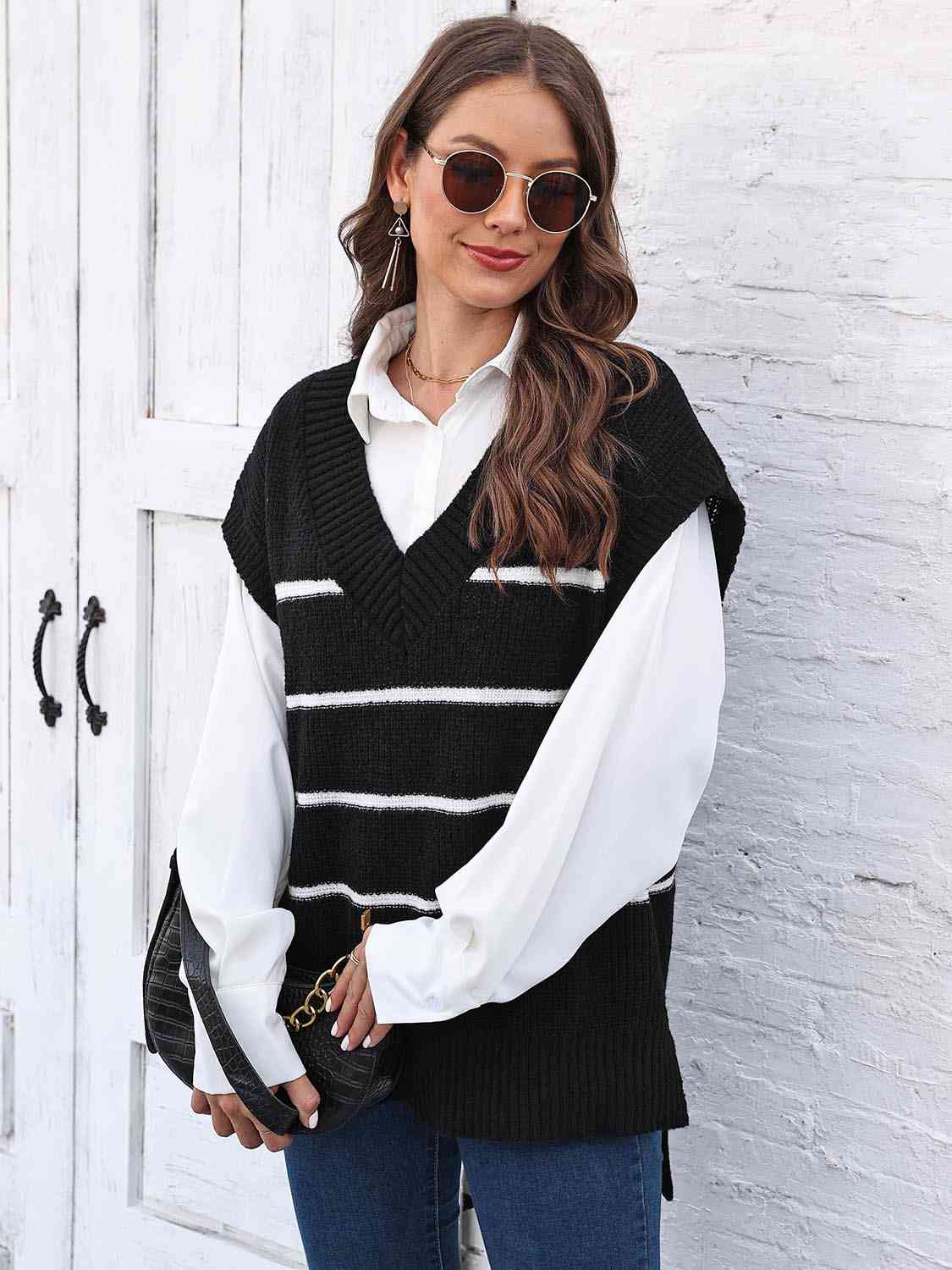 Black Striped V-Neck Sweater Vest Winter Accessories