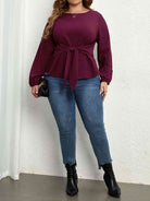 Dark Slate Gray Plus Size Tie Front Long Sleeve Blouse Plus Size Clothes