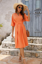 Rosy Brown Notched Neck Half Sleeve Midi Dress Clothing