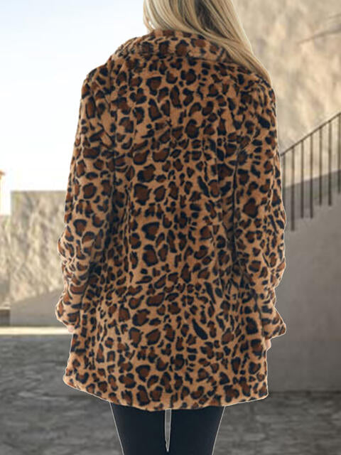 Dim Gray Fran-tastic Leopard Collared Neck Coat with Pockets Trends