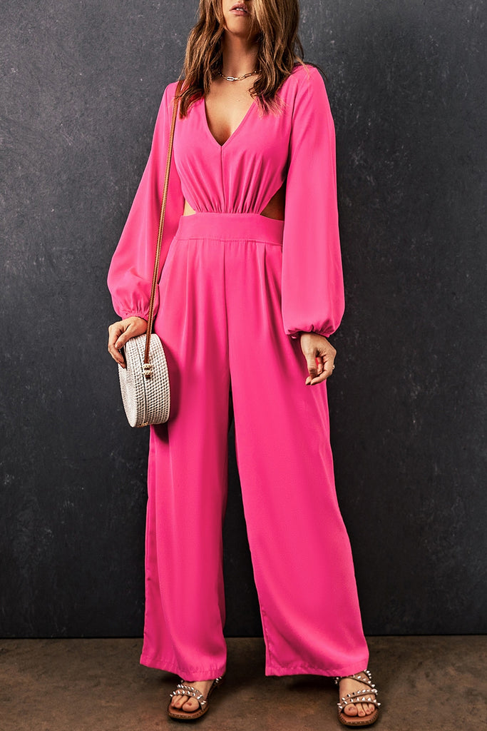 Pale Violet Red Balloon Sleeve Cutout Plunge Jumpsuit Clothing