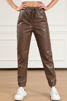 Light Gray Drawstring PU Leather Pants Clothes