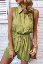 Dark Khaki Collared Neck Sleeveless Romper with Pockets Clothing