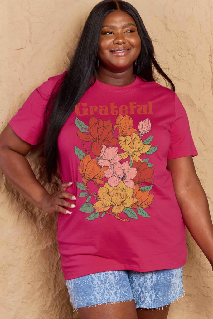 Maroon Simply Love Full Size GRATEFUL Flower Graphic Cotton T-Shirt Graphic Tees