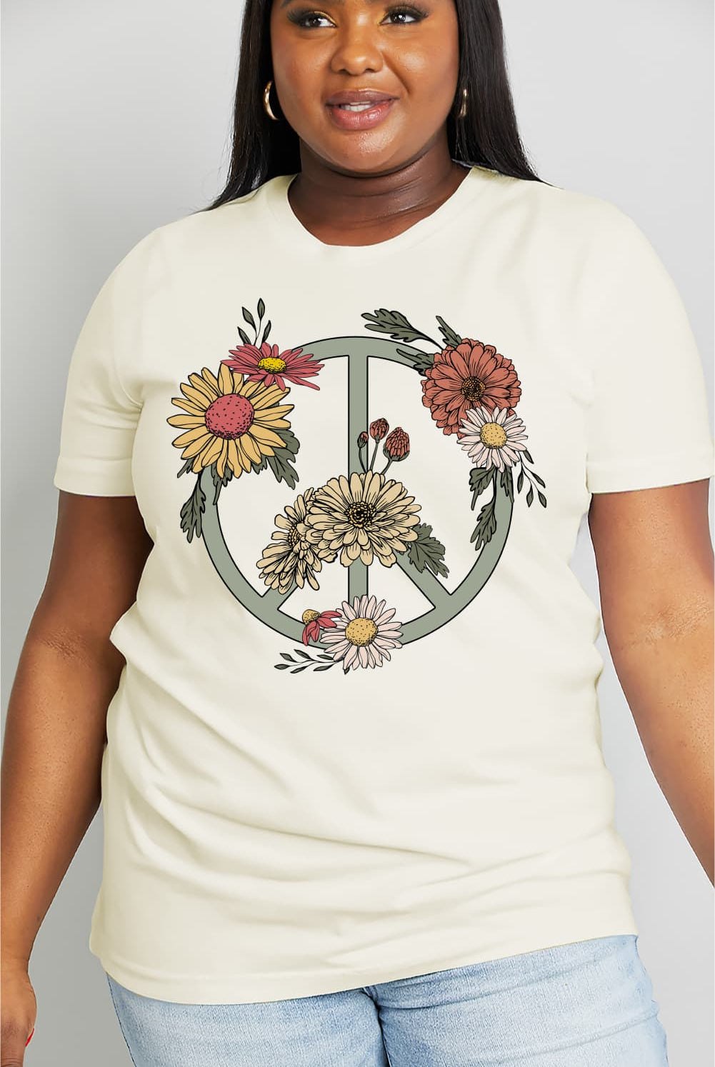 Light Gray Simply Love Full Size Flower Graphic Cotton Tee Tops