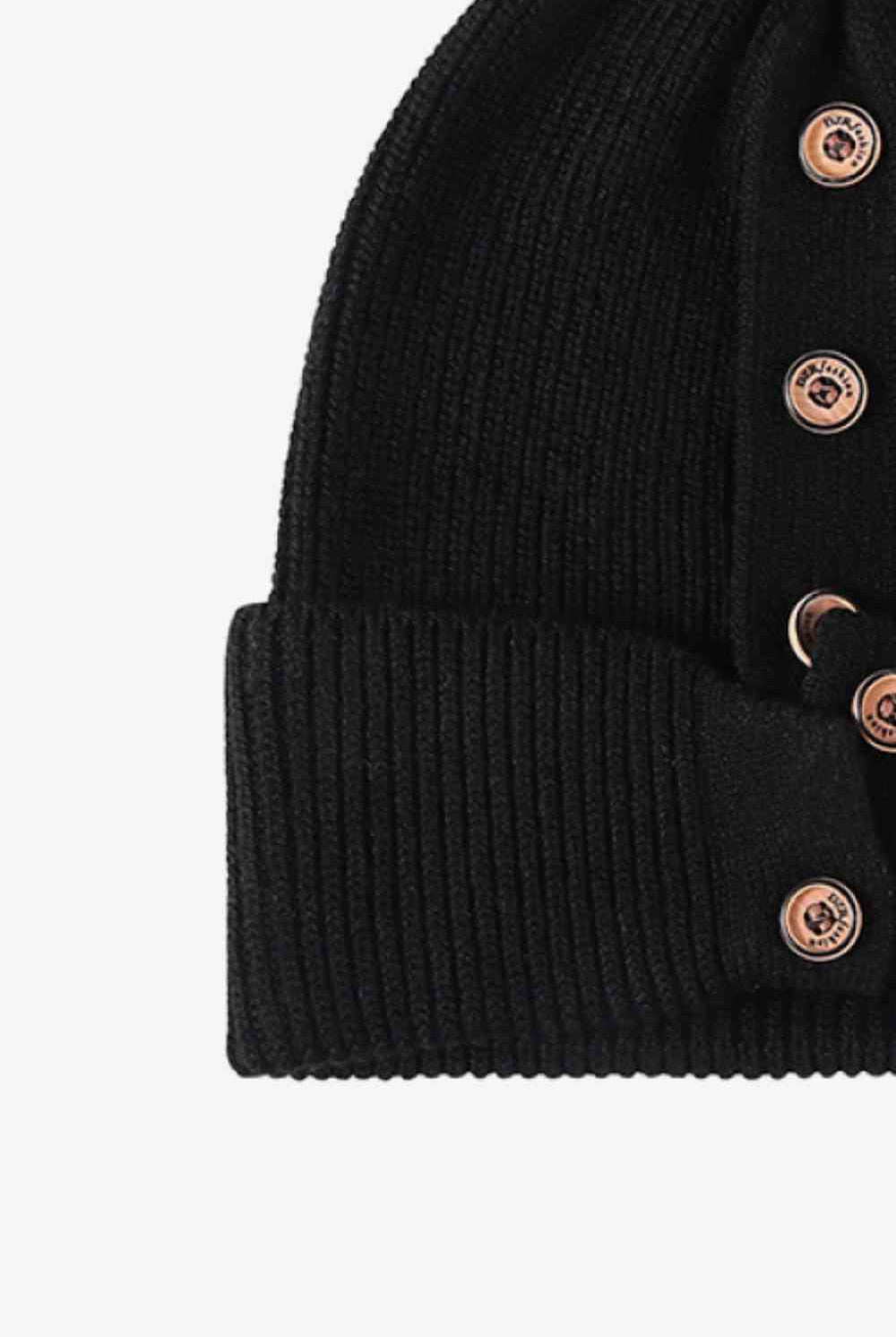 White Smoke Button Detail Rib-Knit Cuff Beanie Winter Accessories