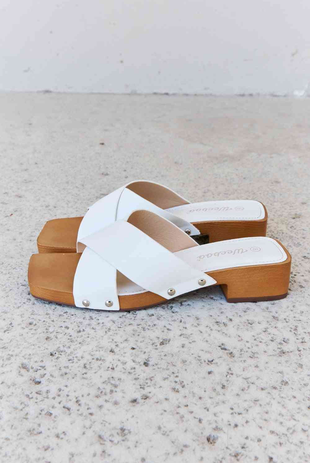 Light Gray Weeboo Step Into Summer Criss Cross Wooden Clog Mule in White Shoes