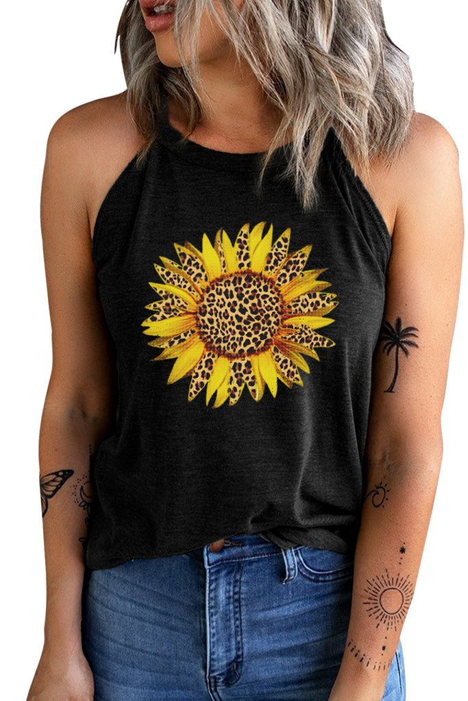 Dark Khaki Sunflower Graphic Round Neck Tank Graphic Tees