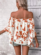 Light Gray Printed Off-Shoulder Bell Sleeve Blouse Tops