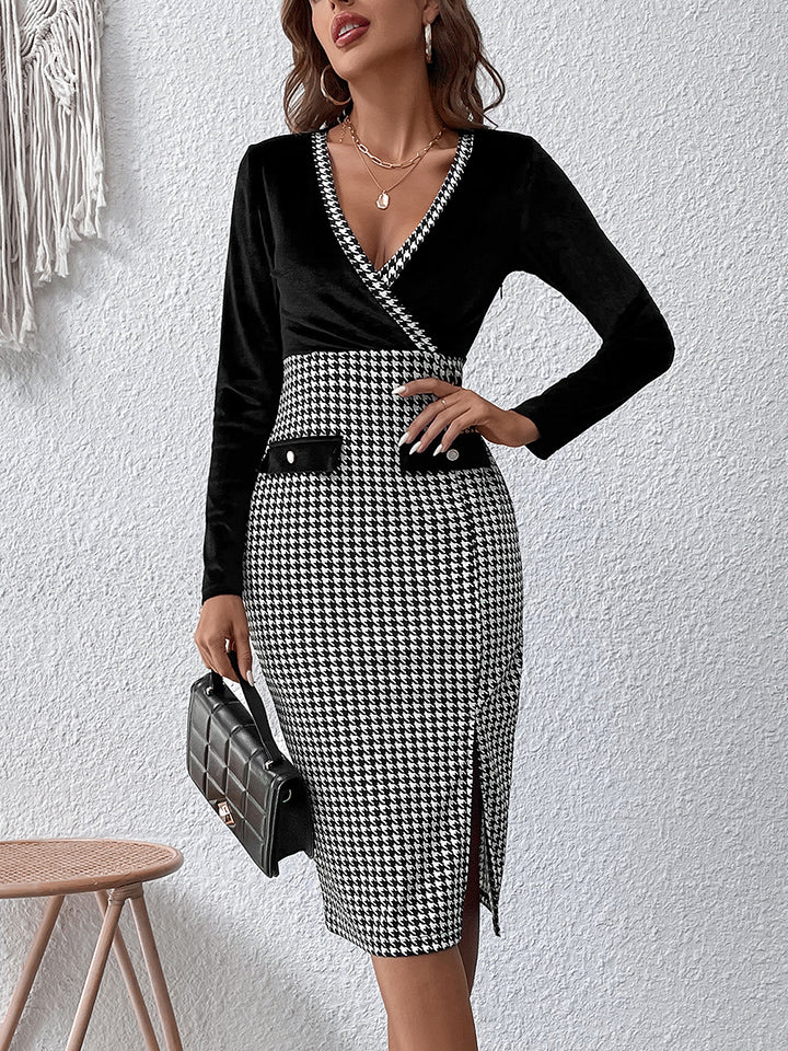 Gray Surplice Neck Houndstooth Dress Clothing