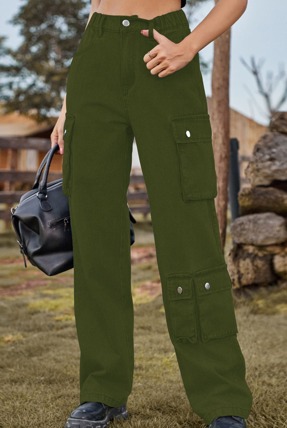 Dark Olive Green Loose Fit Long Jeans with Pockets