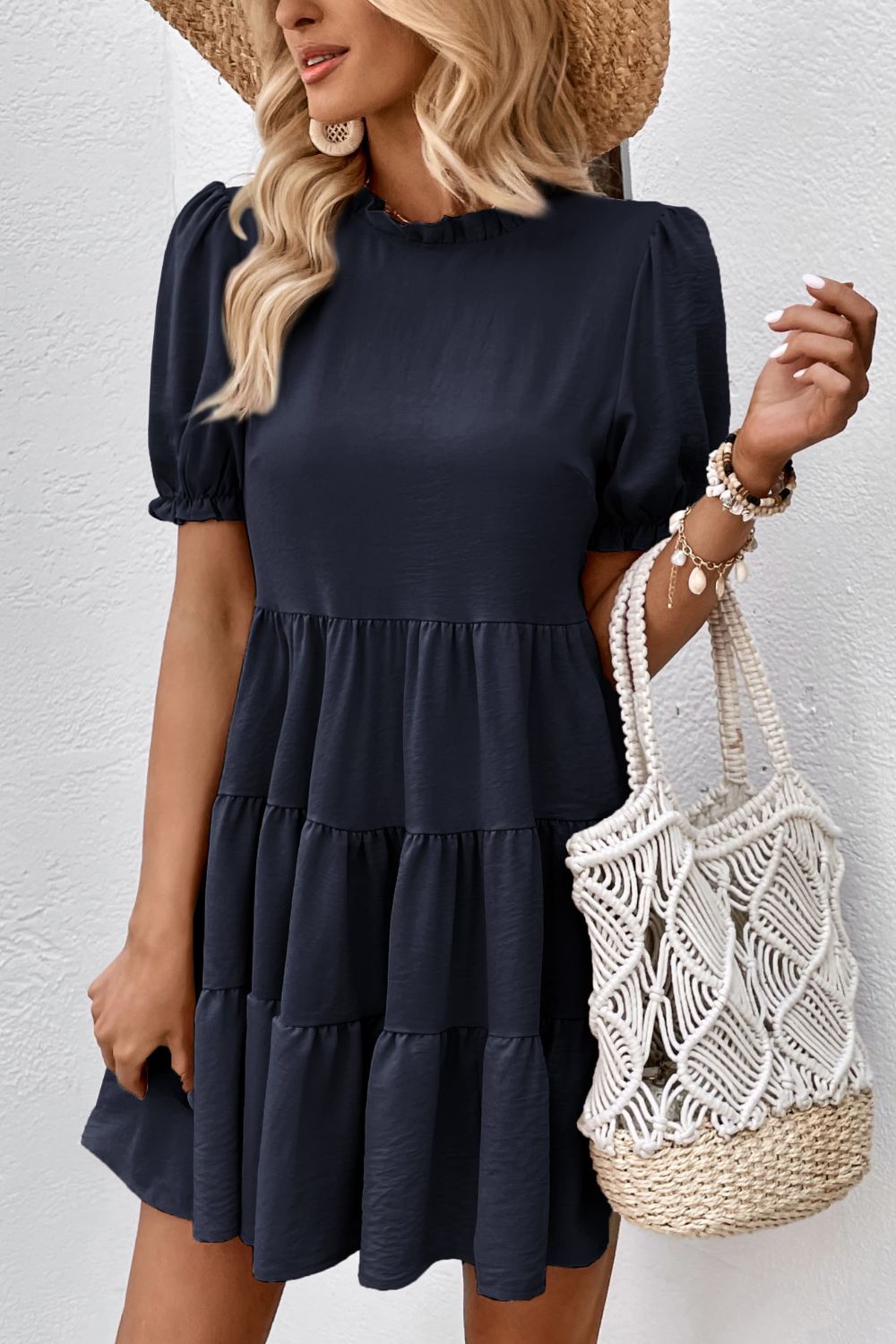Black Puff Sleeve Tie Back Tiered Dress Clothing