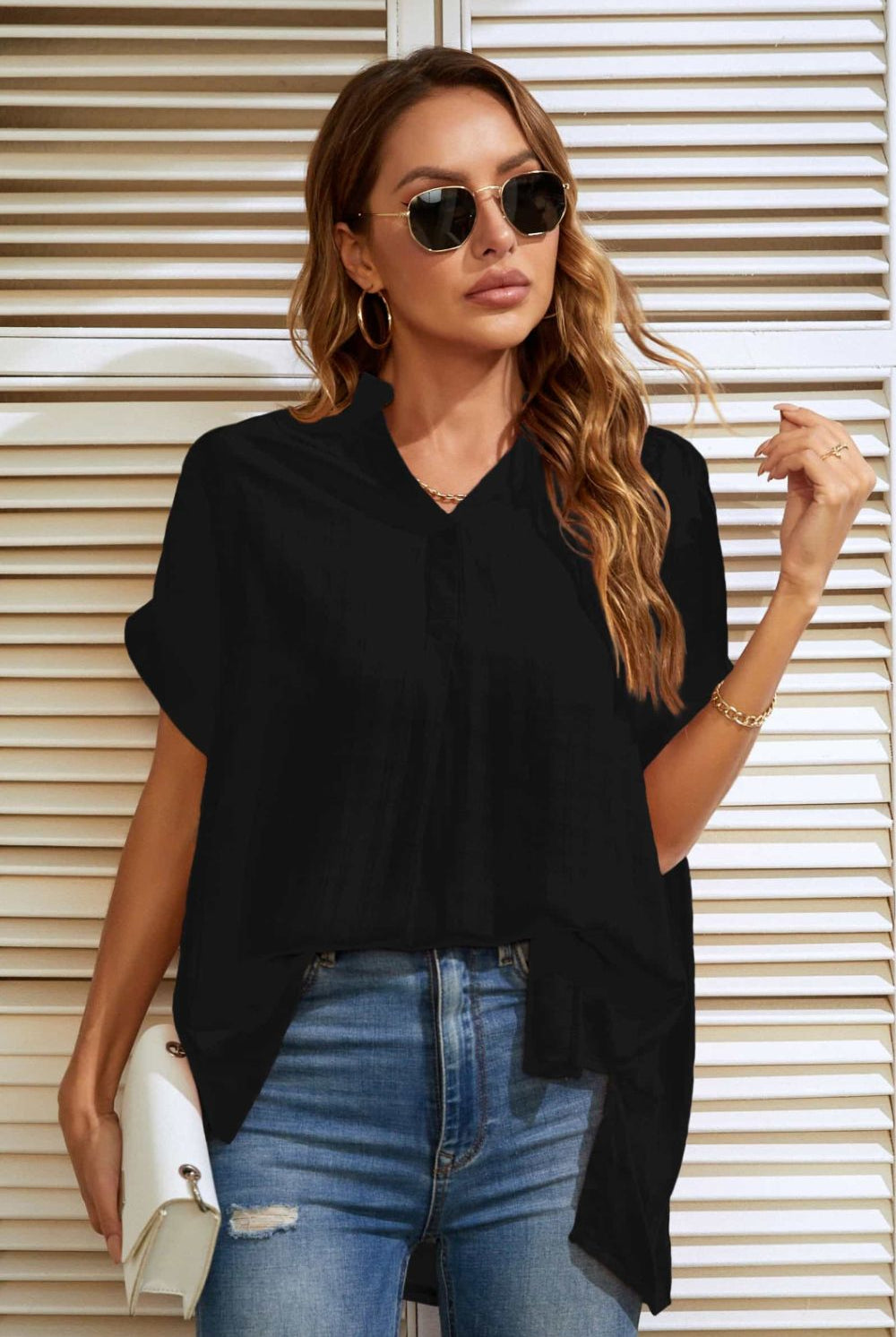 Gray Notched Neck Slit Cuffed Blouse Tops