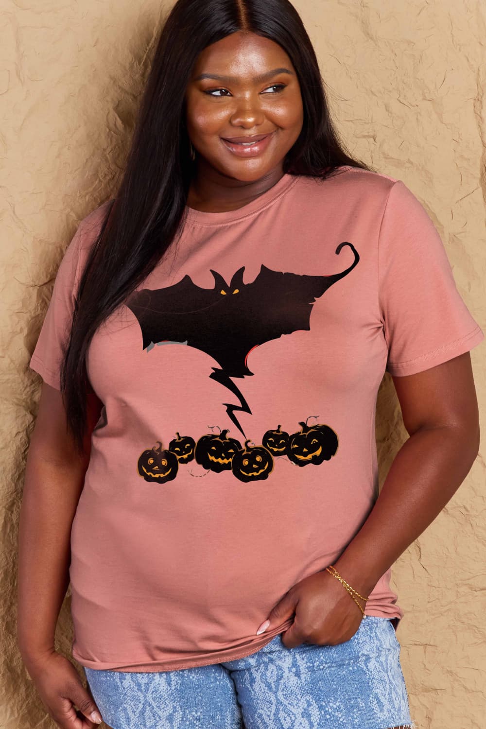 Rosy Brown Simply Love Full Size Bat & Pumpkin Graphic Cotton T-Shirt Clothing