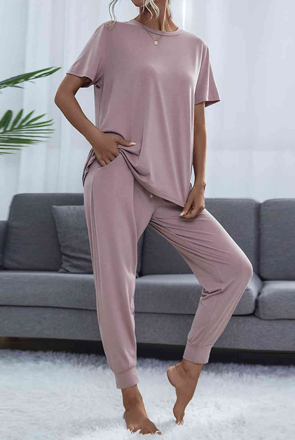 Gray Round Neck Short Sleeve Top and Pants Set Loungewear