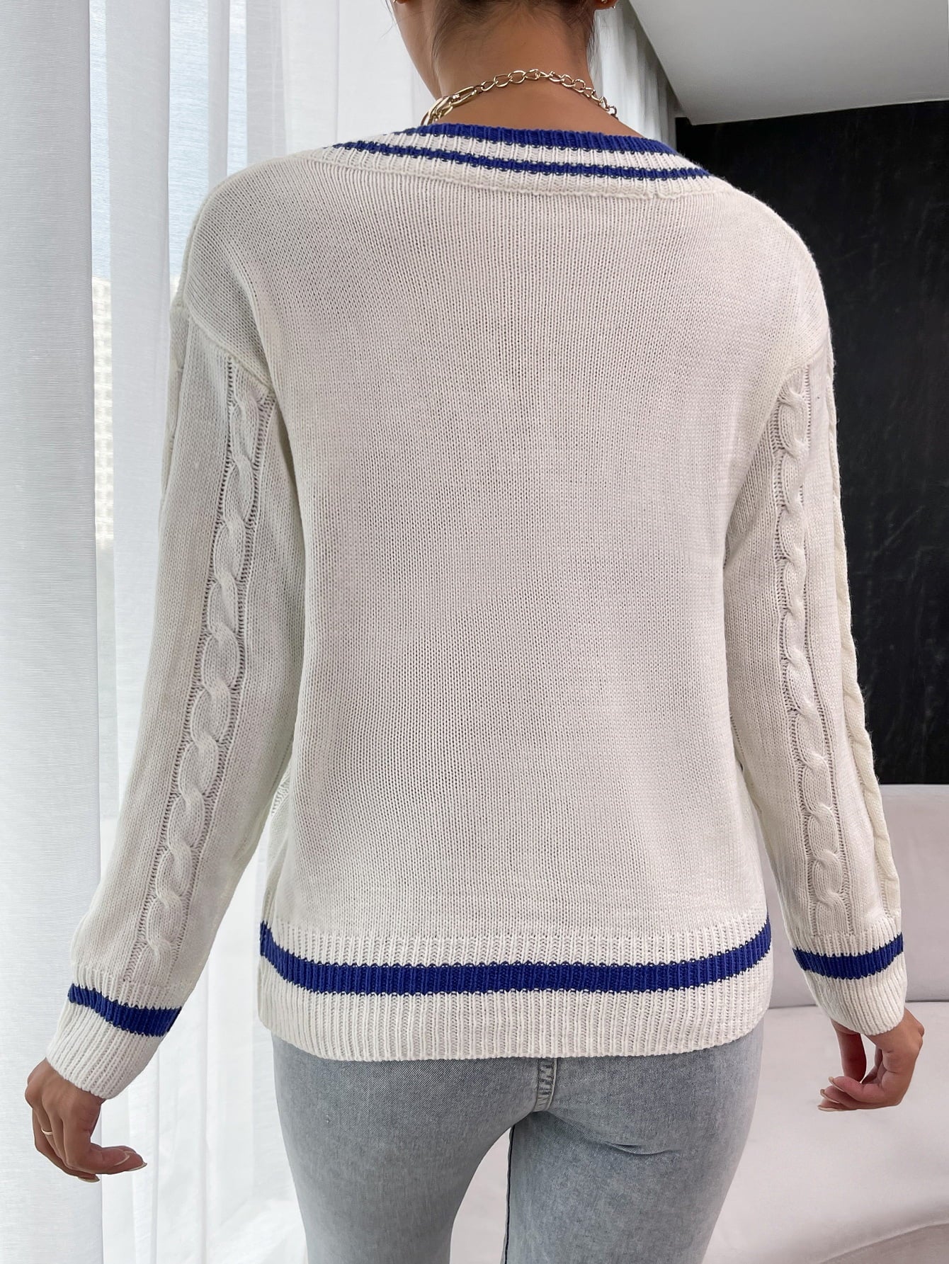 Gray Autumn Bliss Woven Right Contrast V-Neck Cable-Knit Sweater Sweaters