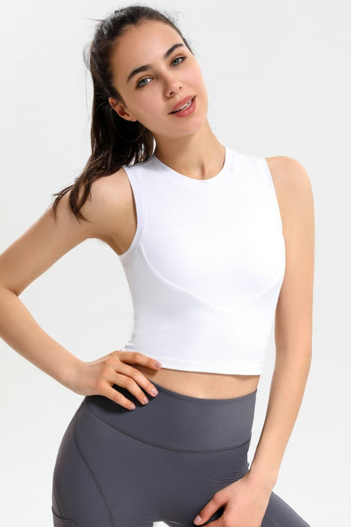 Antique White Ribbed Crisscross Round Neck Cropped Sports Tank