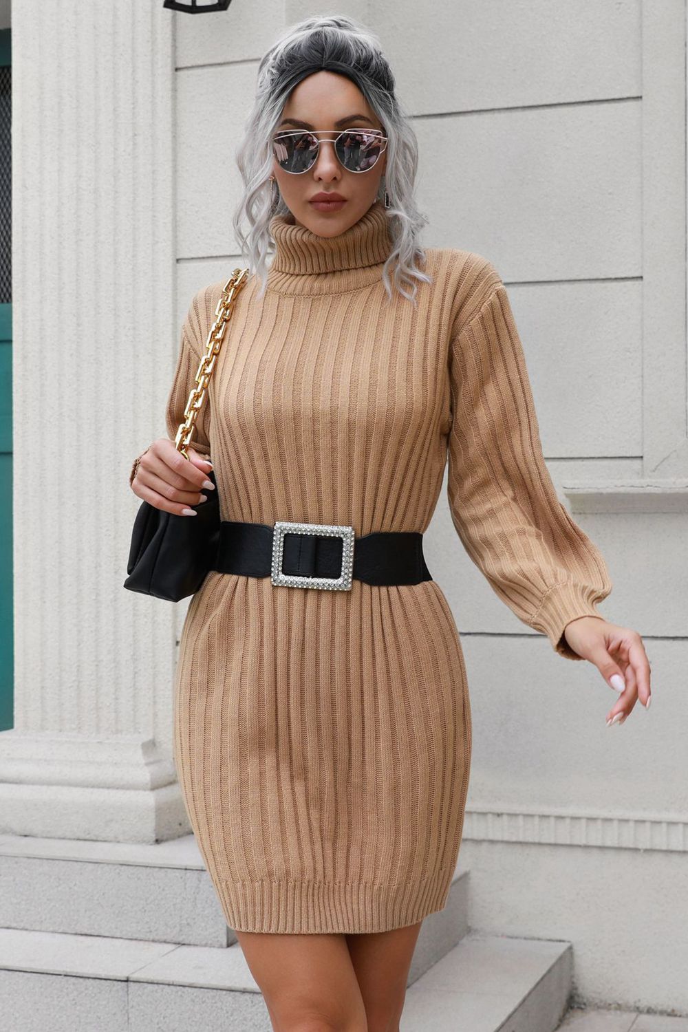 Gray Ribbed Turtle Neck Long Sleeve Mini Sweater Dress Clothing