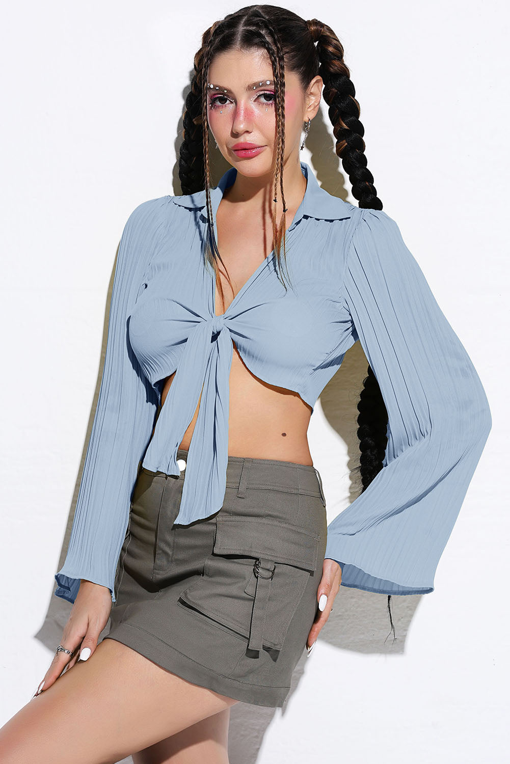 Light Gray Tie Front Johnny Collar Flare Sleeve Cropped Top Clothing