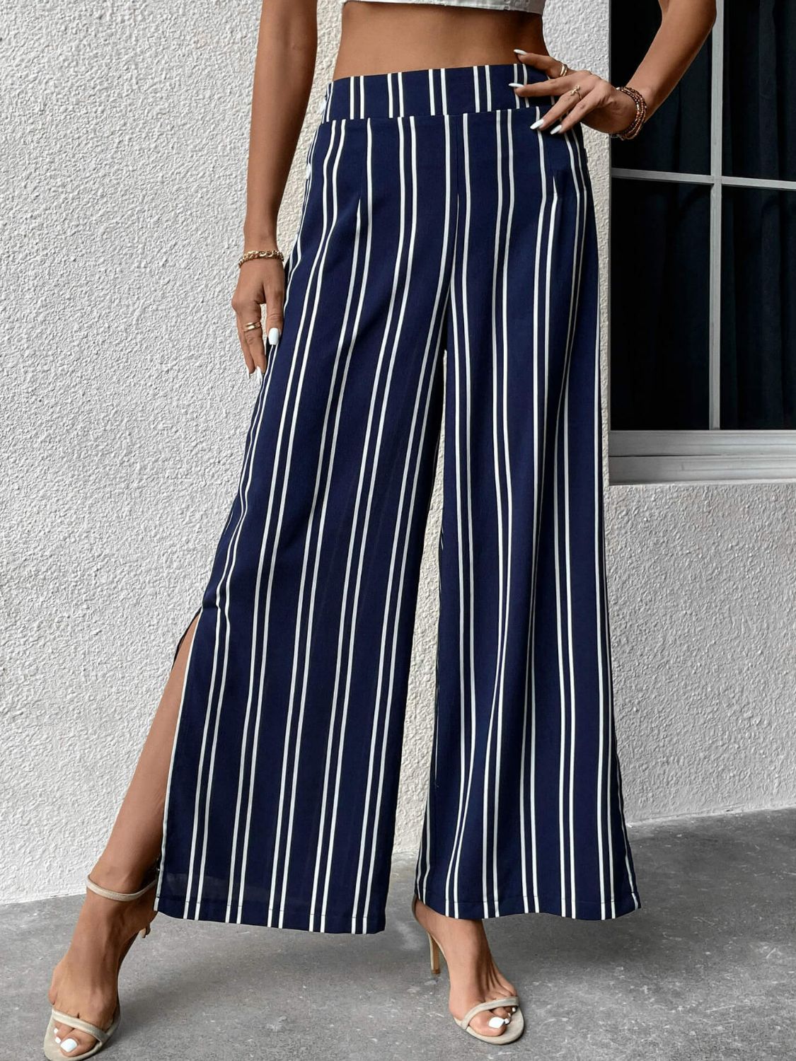 Gray Striped Slit Wide Leg Pants Clothes