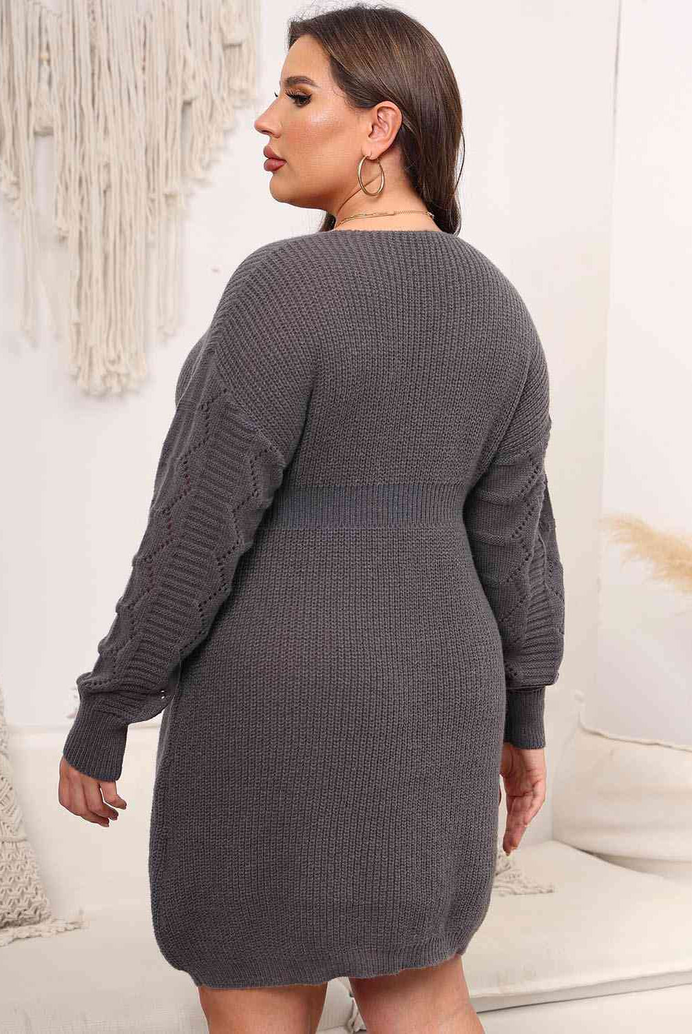 Dark Slate Gray Plus Size Dropped Shoulder Long Sleeve Knit Mini Dress Plus Size Clothes