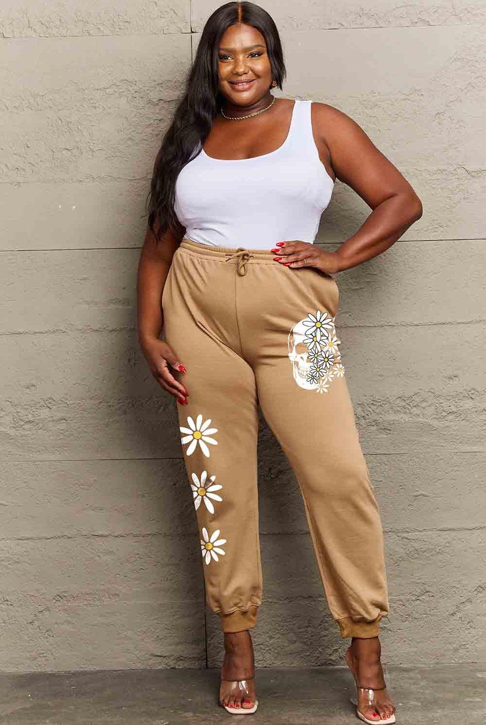 Rosy Brown Simply Love Simply Love Full Size Drawstring Flower & Skull Graphic Long Sweatpants Sweatpants