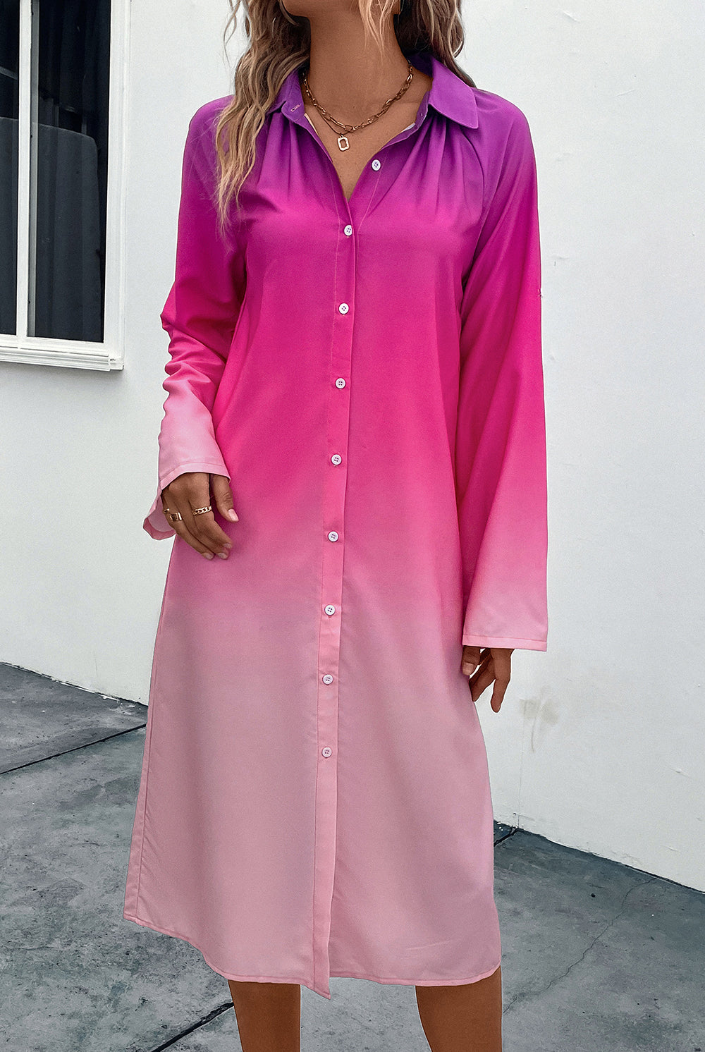 Rosy Brown Playing The Game Purple To Pink Gradient Long Sleeve Shirt Dress Midi Dresses