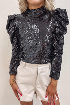 Dark Slate Gray Sequin Mock Neck Leg-Of-Mutton Sleeve Top Holiday