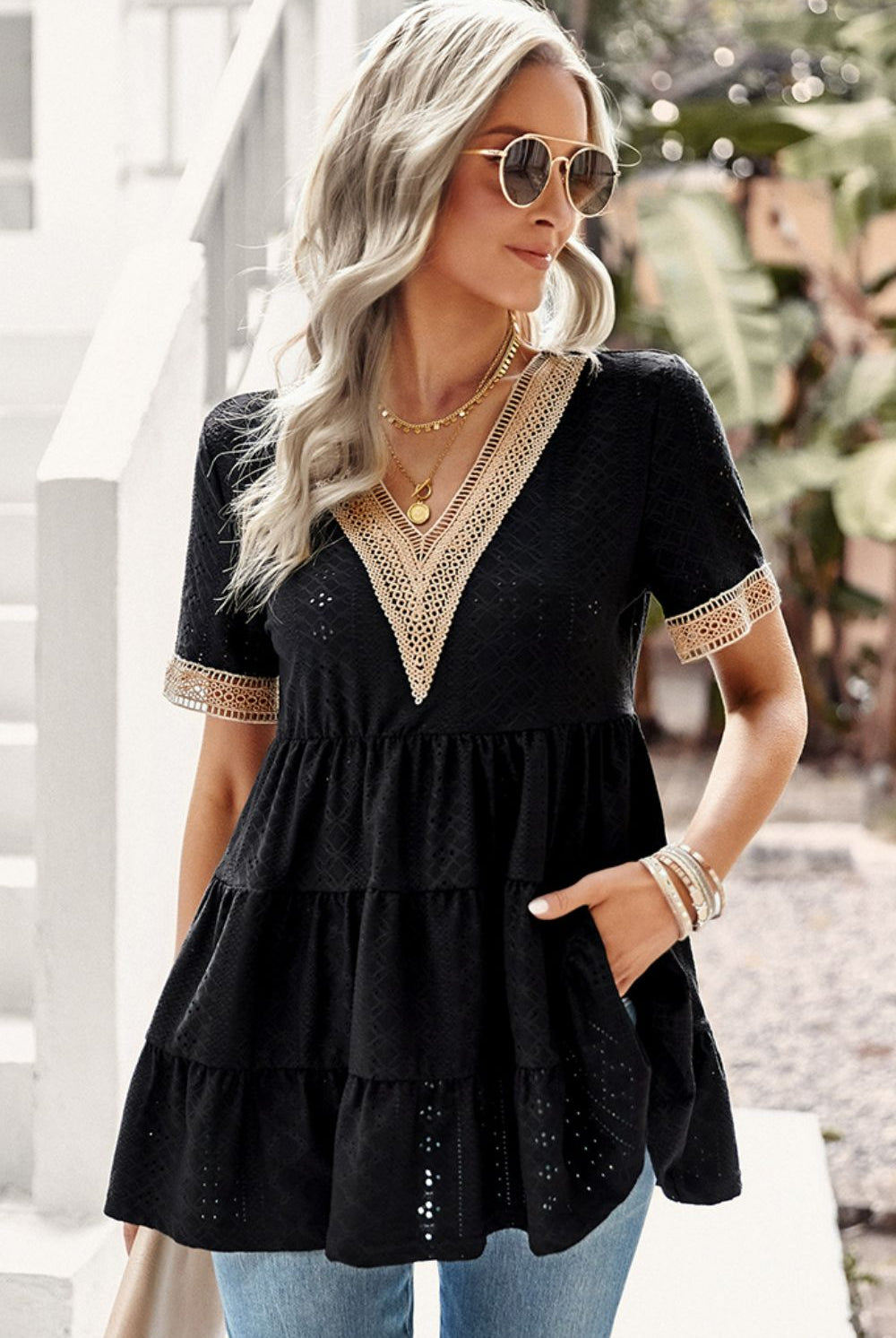 Black Contrast Short Sleeve Tiered Blouse Clothing