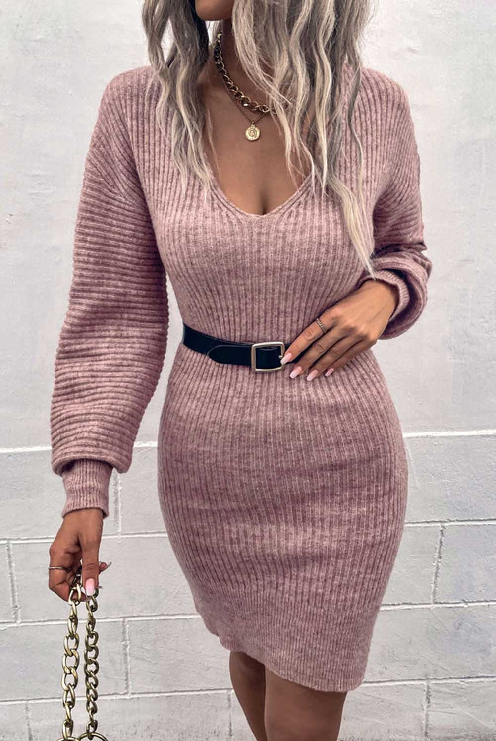Gray Ribbed Long Sleeve Sweater Dress Clothing