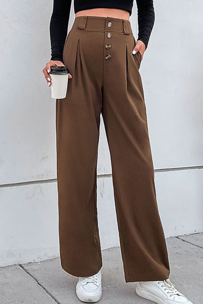 Gray It's Never Too Late Button-Fly Pleated Waist Wide Leg Pants with Pockets Pants